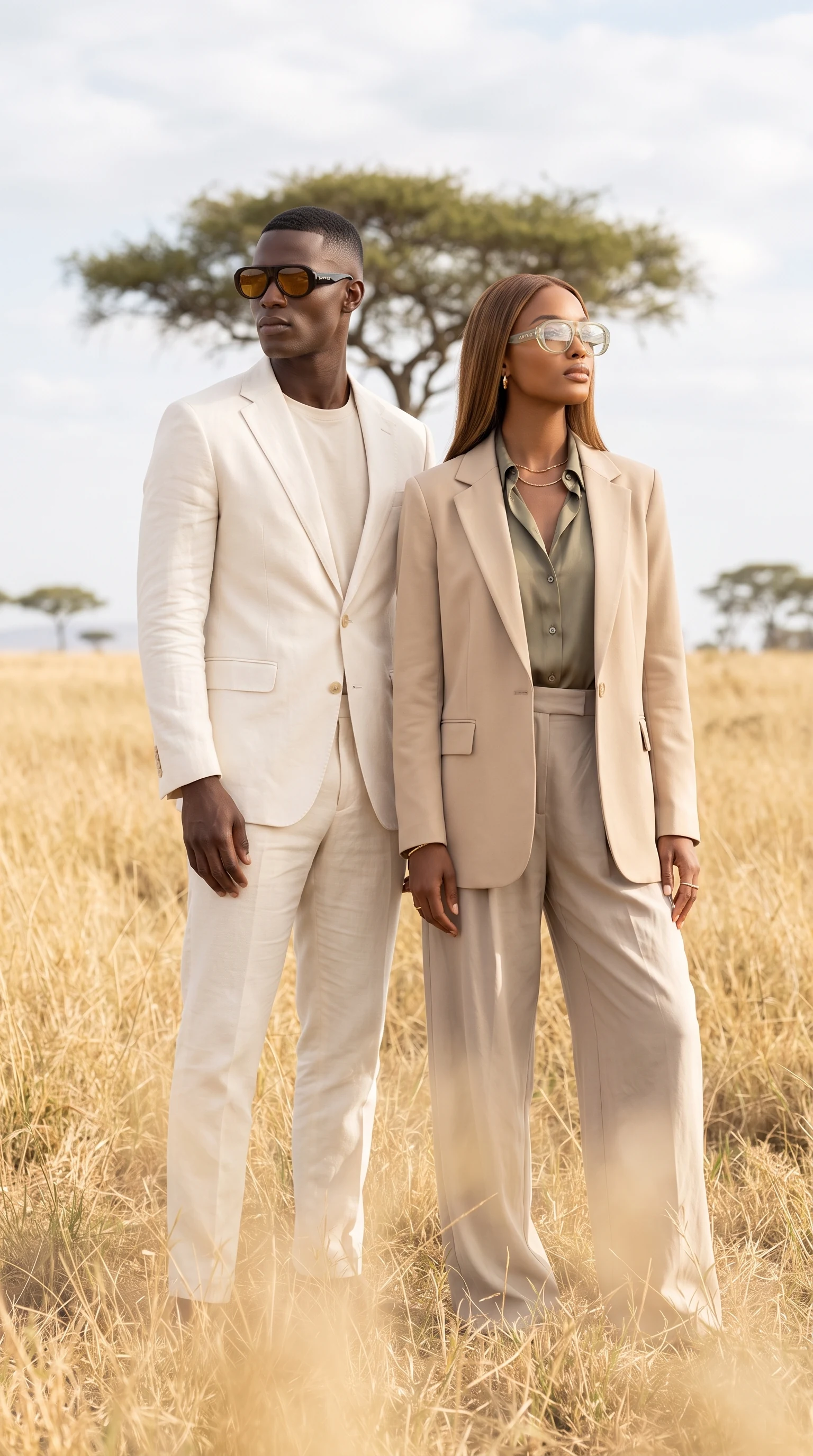 Two models standing in bright savannah grassland — he in a cream linen suit wearing AVYBZ black sunglasses with amber lenses, she in a sand suit wearing AVYBZ sage frames