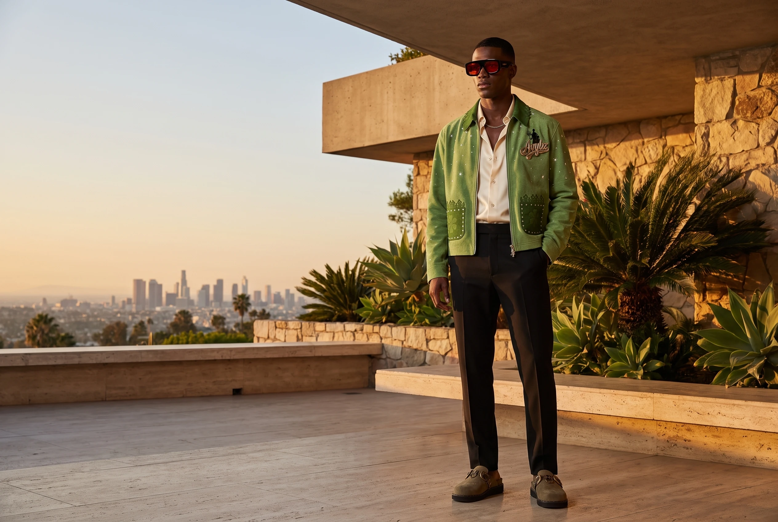 AVYBZ campaign frame — a man in an AVYBZ frame on a rooftop above a city skyline